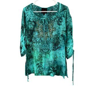Y2K Floral Paisley Top S Women Turquoise Green Black Rhinestone Bling Ruched